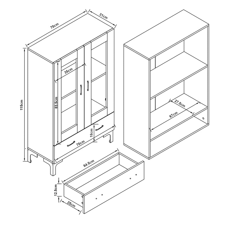 Croquis coté Armoire vitrée Søndersø 115 x 70 x 31 cm [en.casa]
