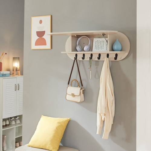 Portemanteau mural Vilkön 80x30 cm avec 6 crochets et étagère bois et métal [en.casa]