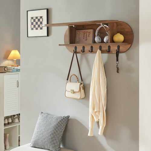 Portemanteau mural Vilkön 80x30 cm avec 6 crochets et étagère bois et métal [en.casa]