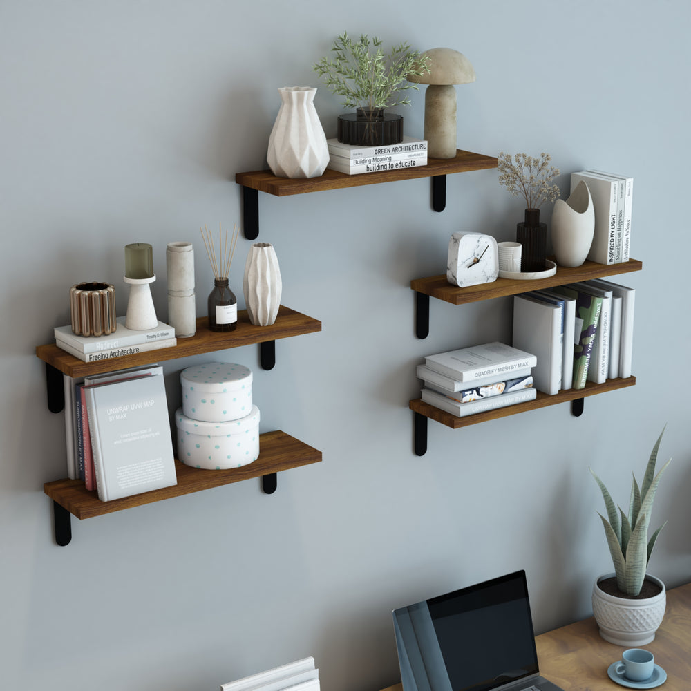 Lot de 5 étagères murales Frogn panneau de particules acier 50 x 15 x 15 cm effet bois noir [en.casa]