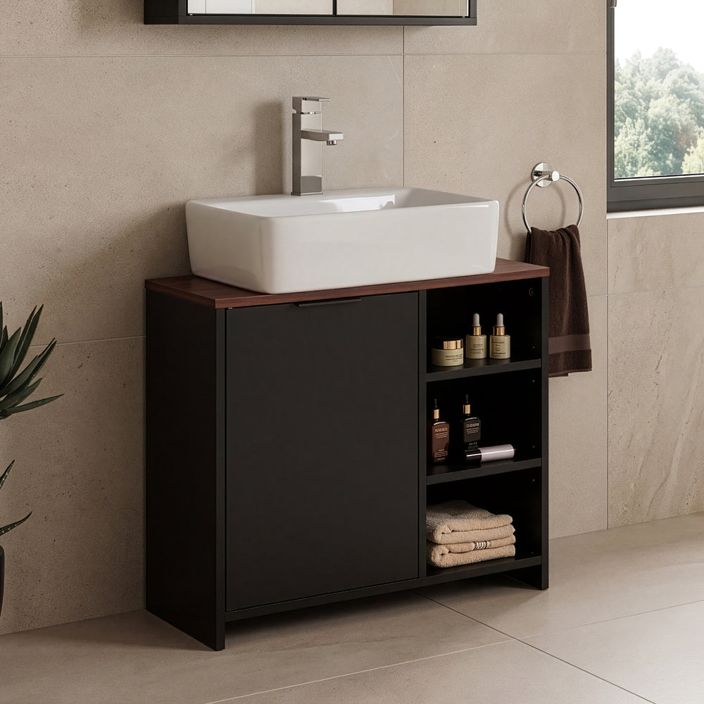 Wastafelonderkast Trond 66x30x60 cm zwart en walnootkleurig [en.casa] 