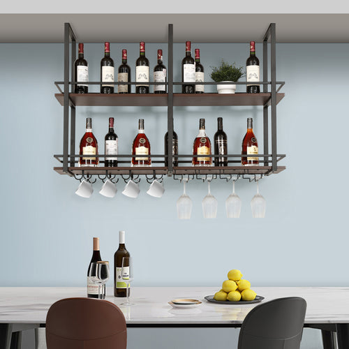 Casier à vin suspendu Hubro métal noir effet noyer [en.casa]