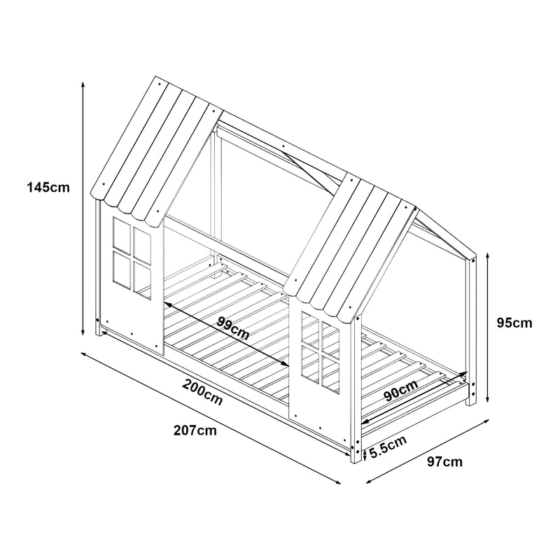 Croquis coté Lit cabane Tostedt pour enfant forme maison bois de pin blanc [en.casa]