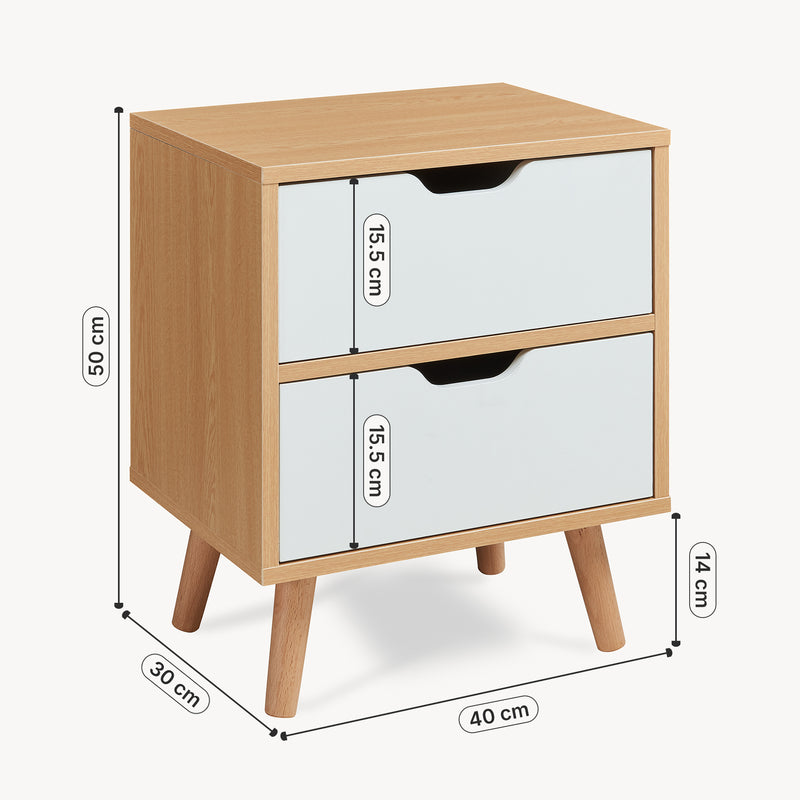 Croquis coté Table de nuit Bordkak effet chêne / blanc [en.casa]