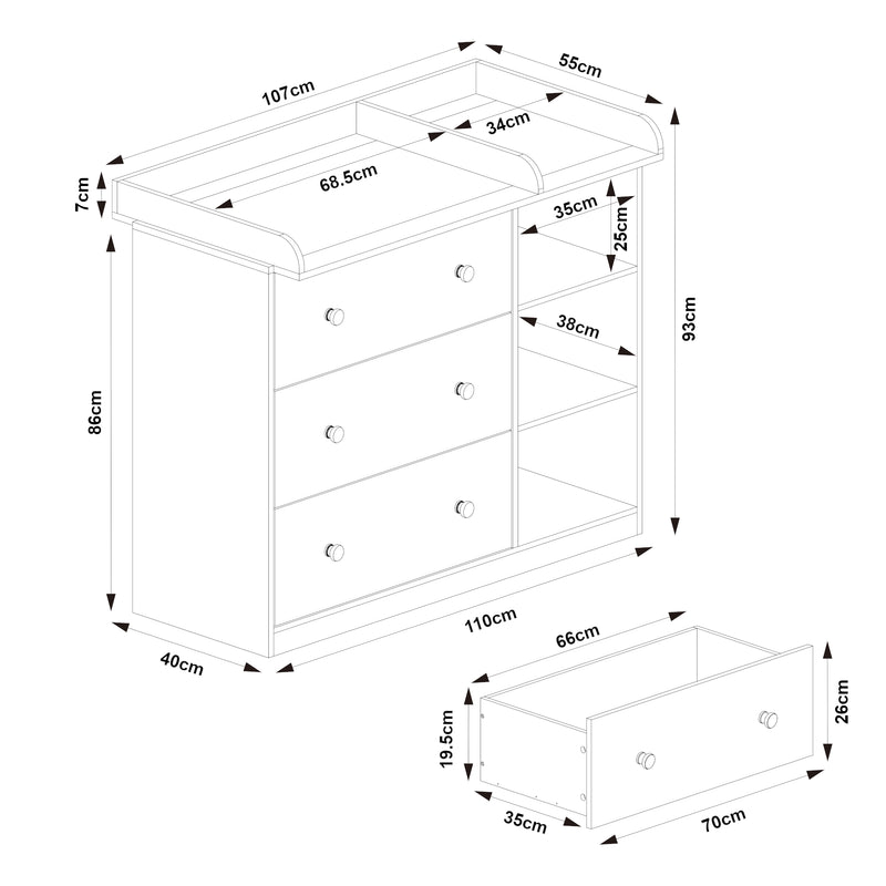 Croquis coté Commode à langer Beldinupp [en.casa]