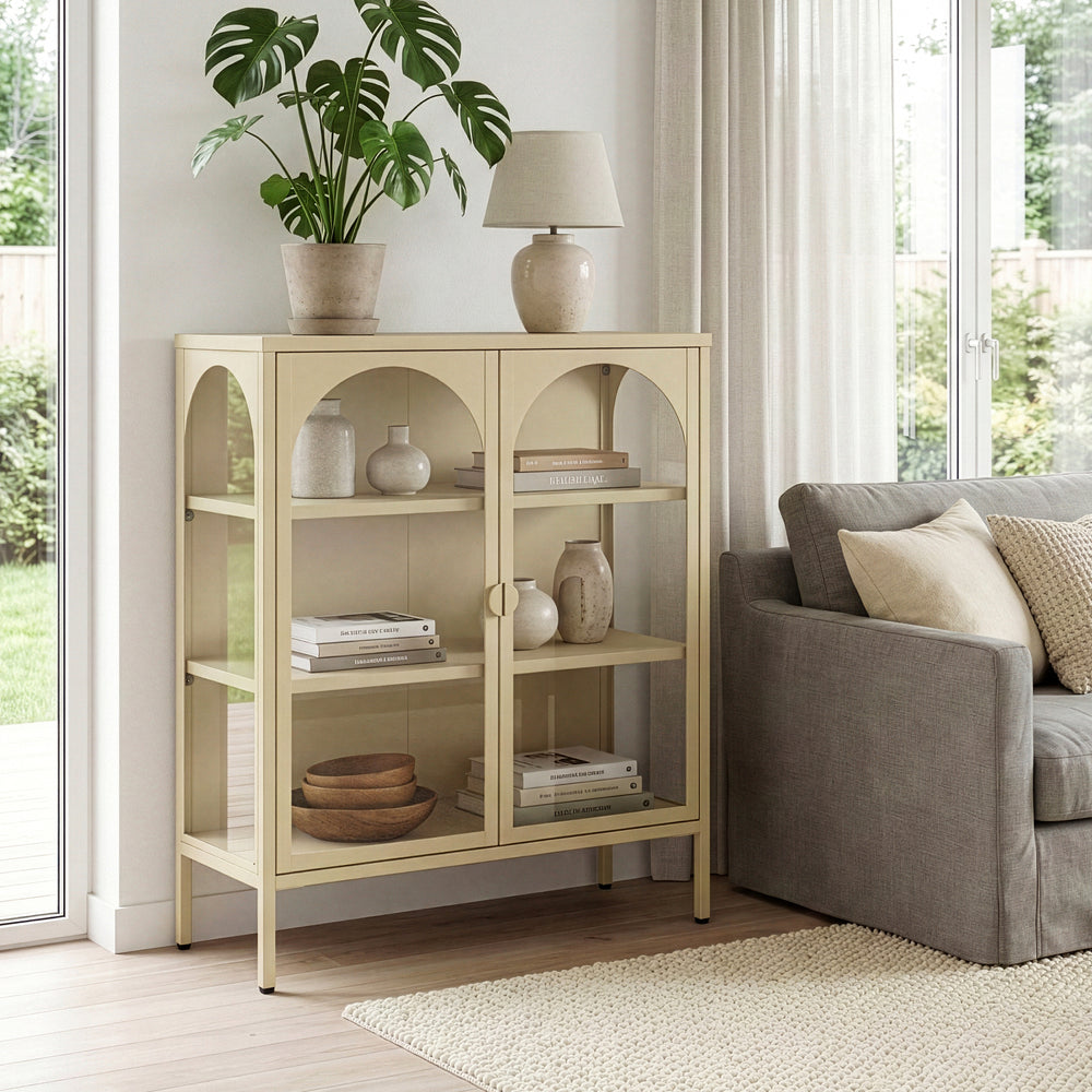 Buffet haut Klippestad acier verre trempé 95 x 80 x 35 cm camel [en.casa]