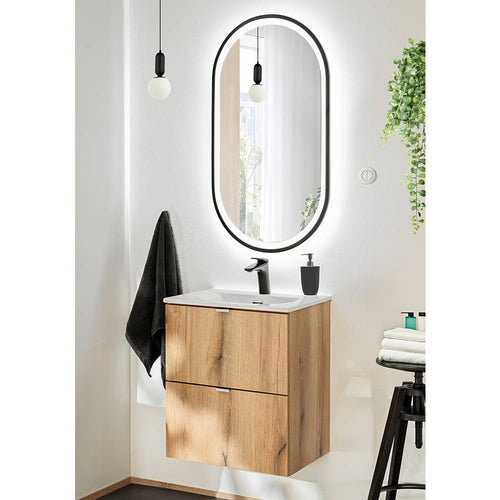 Meuble-lavabo Skelbolu 50x57x39 cm LED - miroir aspect chêne [en.casa] - premiumXL